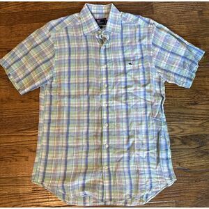 Vineyard Vines Tucker Linen Shirt Men's Size Small Blue Green Plaid Short Sleeve